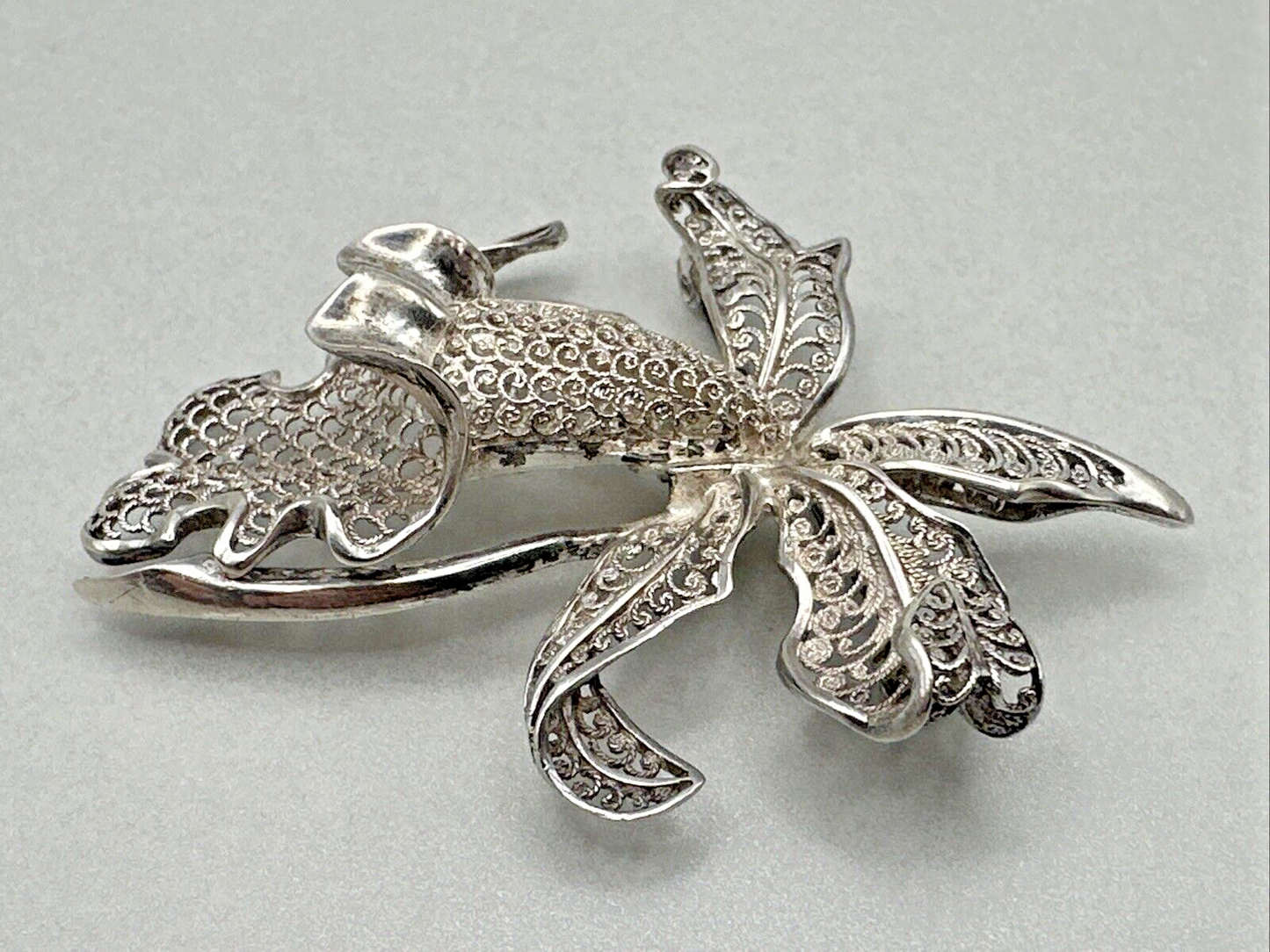 Vintage Silver Filigree Orchid Brooch - 1973