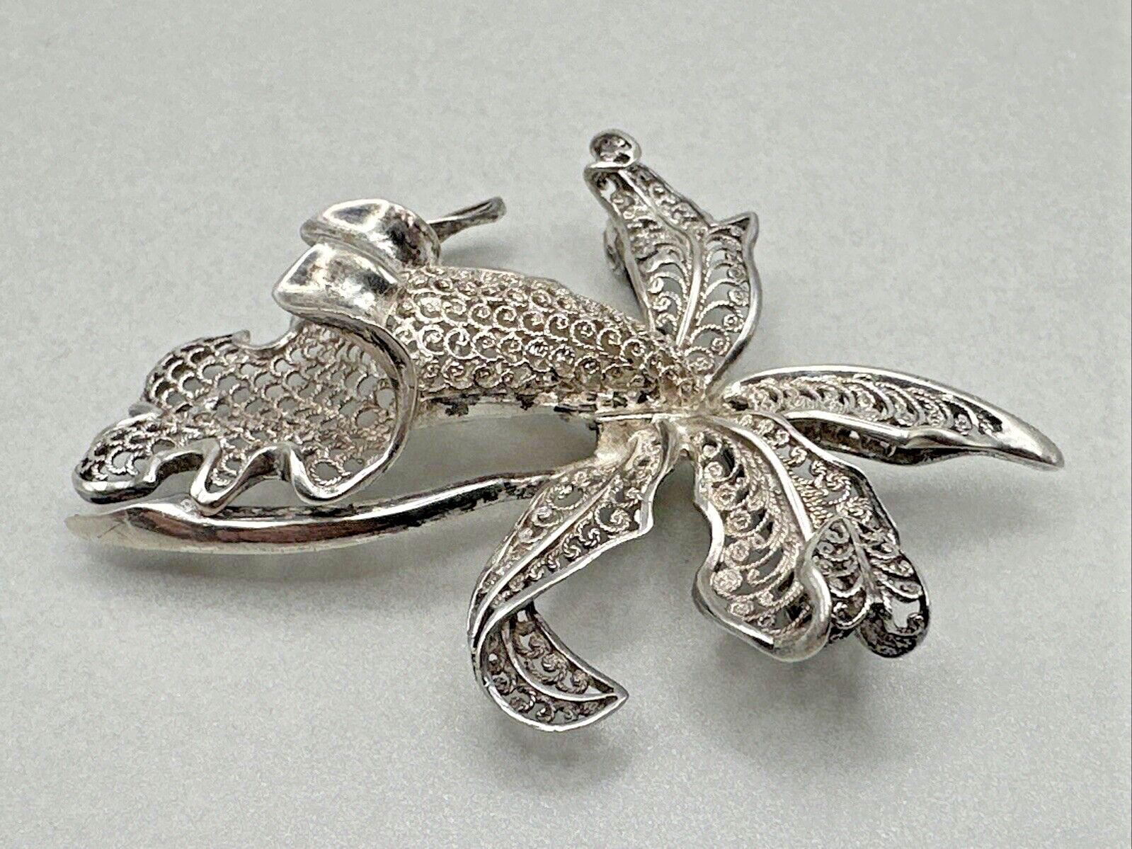 Vintage Silver Filigree Orchid Brooch - 1973