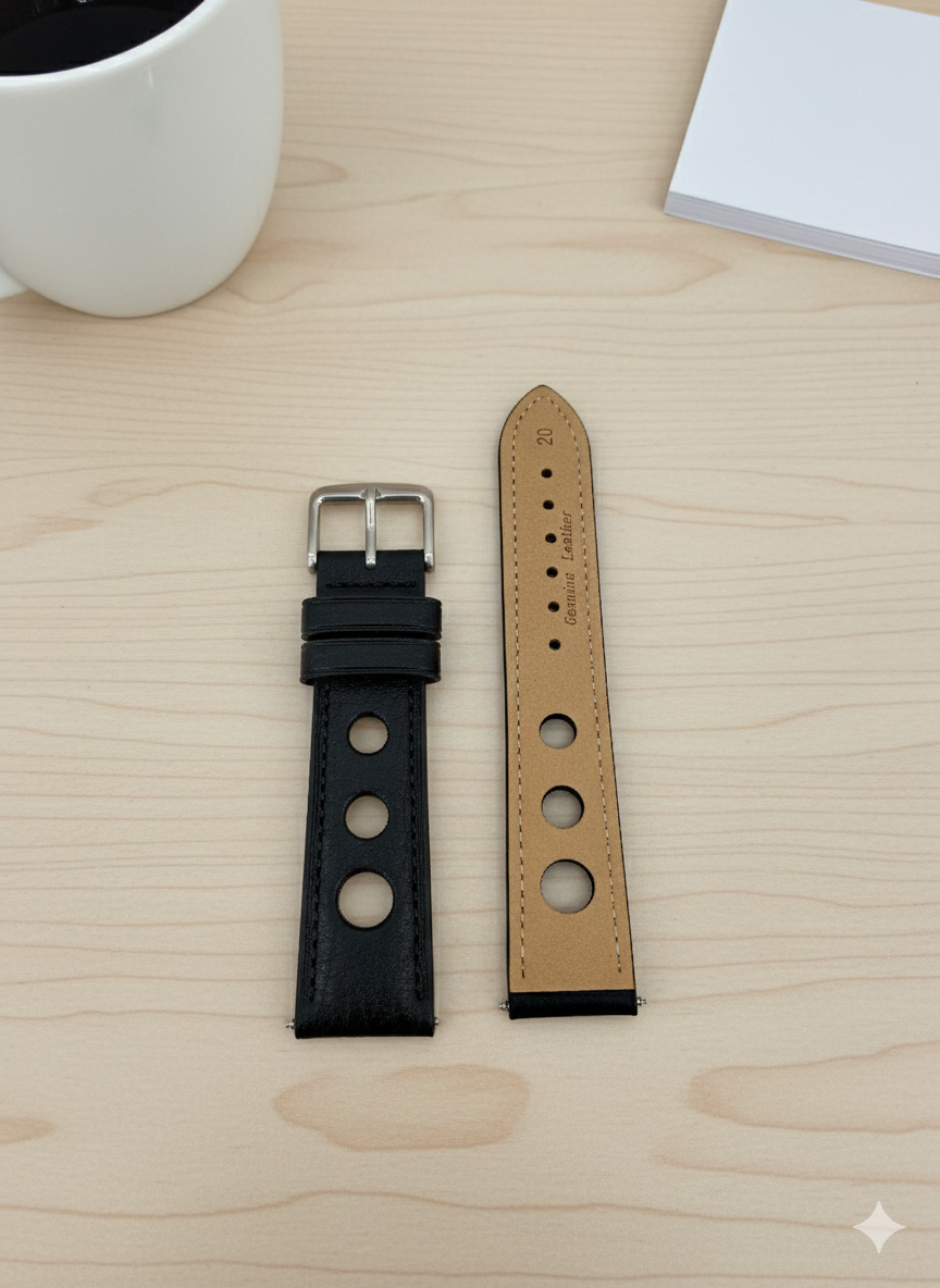 Brand New Grand Prix Style Leather Watch Strap – Black – Genuine Calf Leather