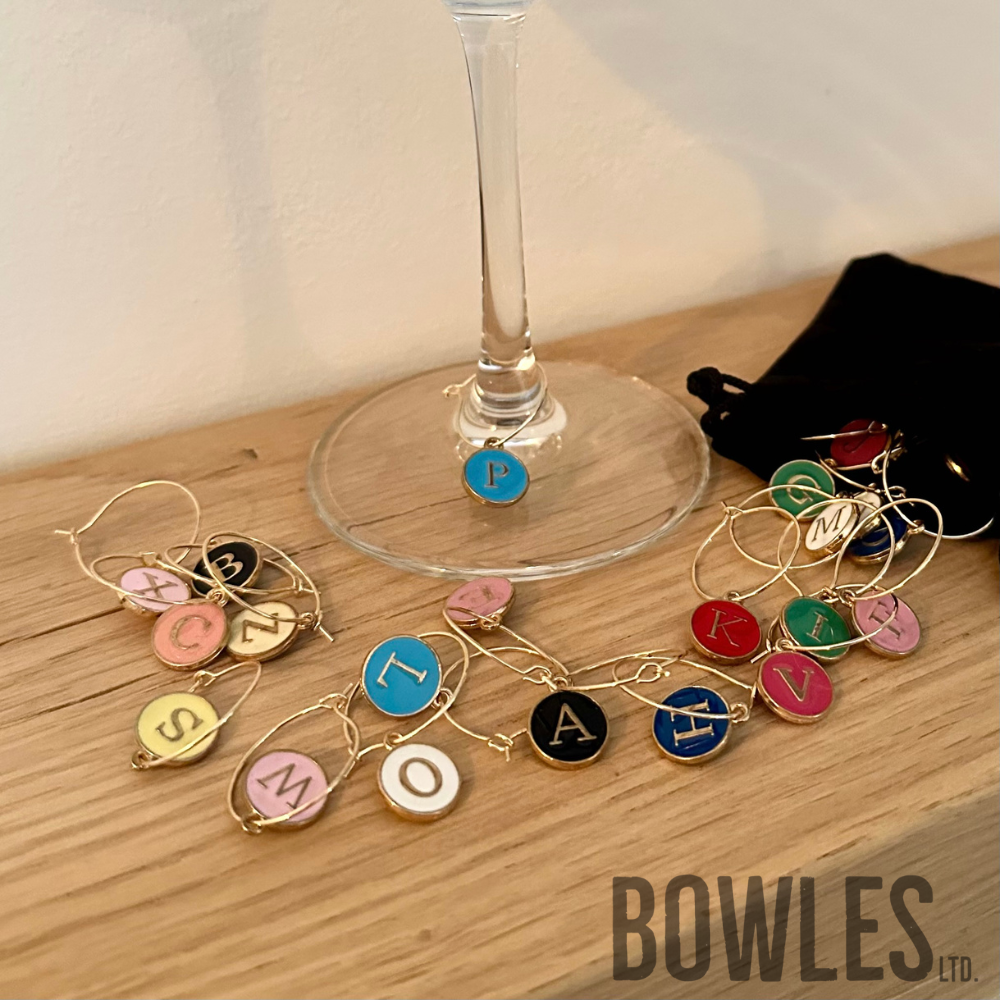 A to Z Wine Glass Charms – Pack of 26 Alphabet Drink Markers with Velvet Bag