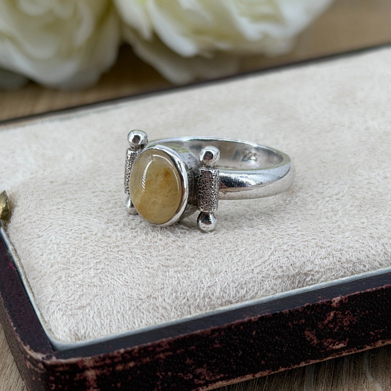Vintage 925 Sterling Silver Rutile Quartz Ring – UK Size R – Oval Cabochon