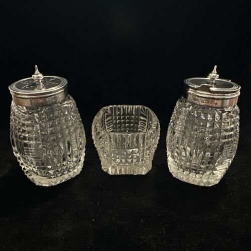 Antique Silver & Glass Condiment Set - Birmingham 1903 James Dixon & Son