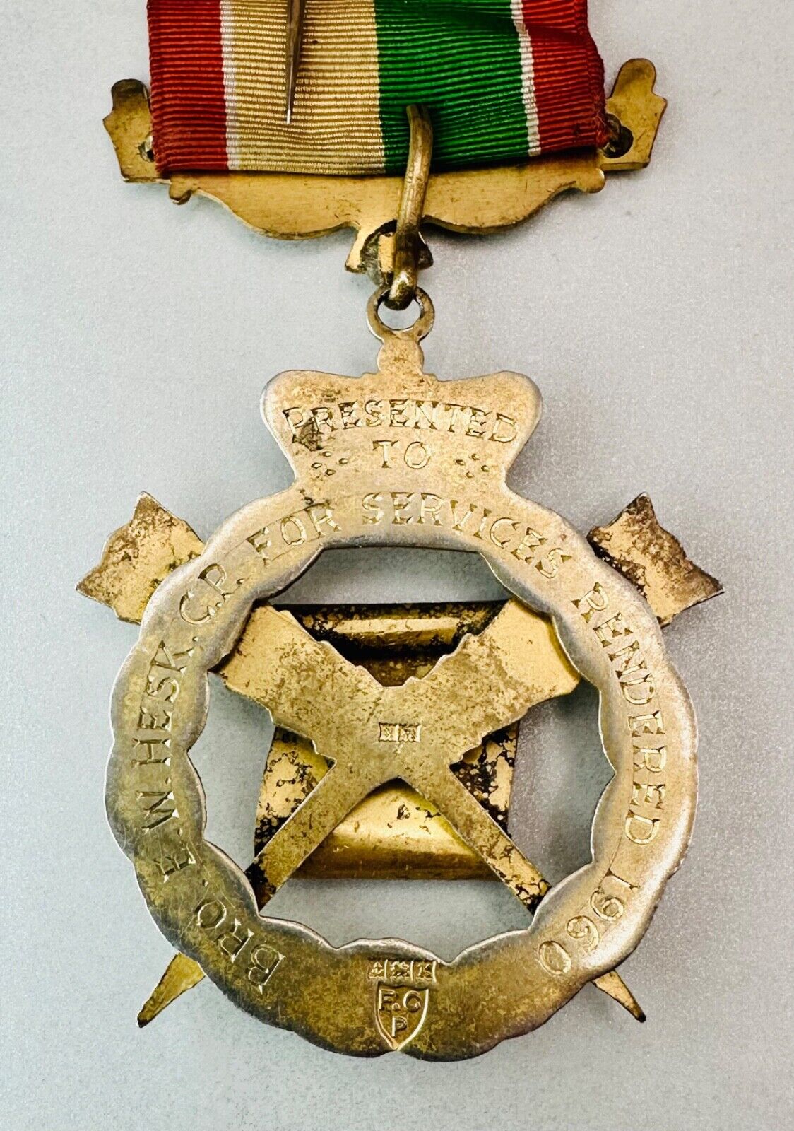 Vintage Gilt Silver Masonic Medal - Hallmarked Birmingham 1959 - F.C. Parry & Co