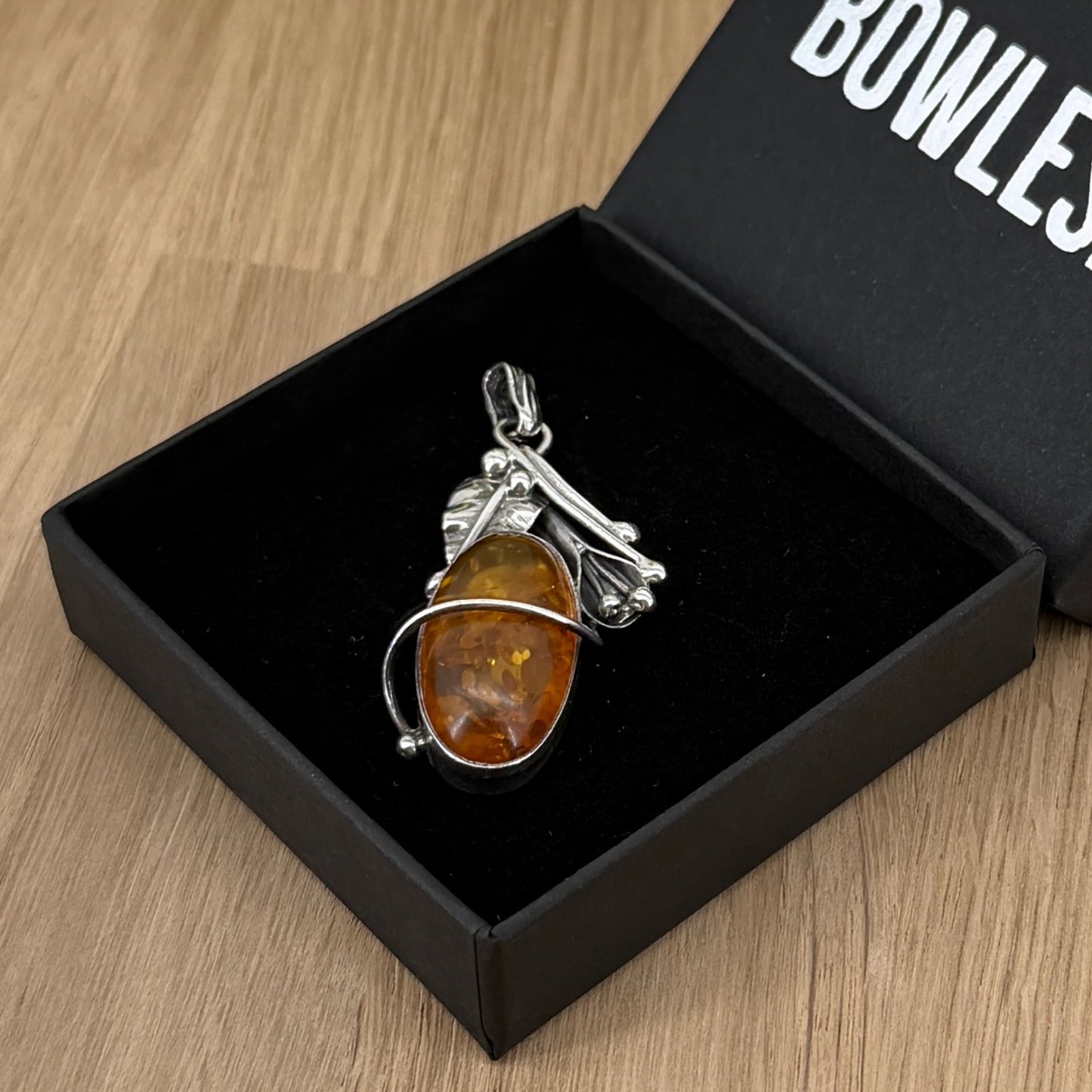 Vintage 925 Sterling Silver Amber Pendant – Organic Leaf & Branch Design