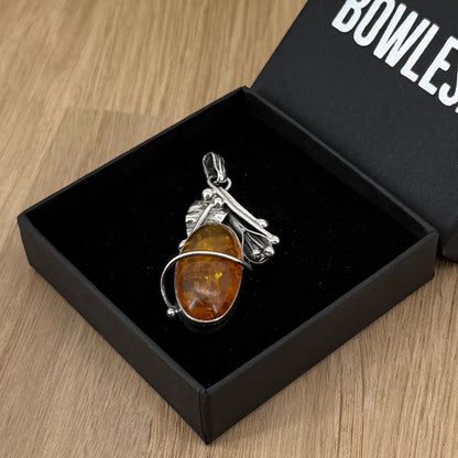 Vintage 925 Sterling Silver Amber Pendant – Organic Leaf & Branch Design