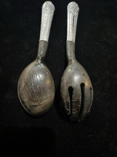 Antique Silver Handled Wooden Serving Fork & Spoon