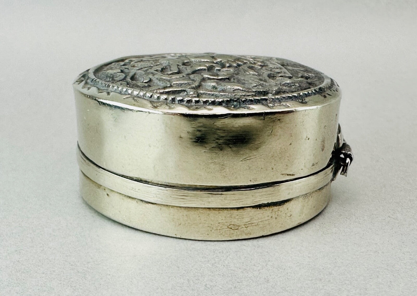 Antique White Metal Pill Box with Hinged Lid