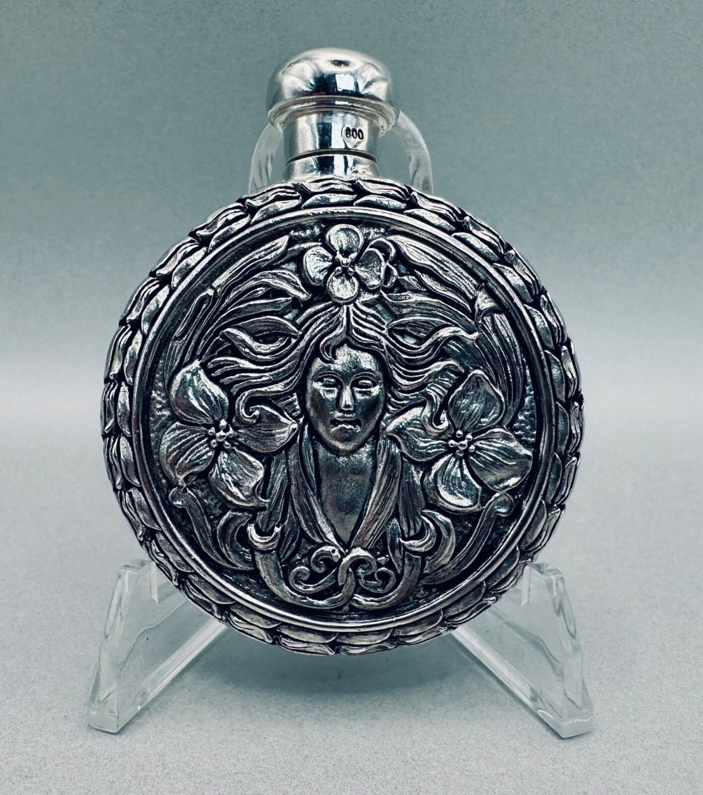 Antique 800 Silver Perfume Flask – High-Relief Classical Female & Floral Design