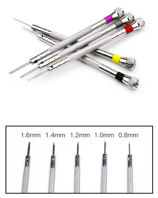Set of 5 Metal Slotted Precision Screwdrivers for Watch Repair - 0.8mm to 1.6mm