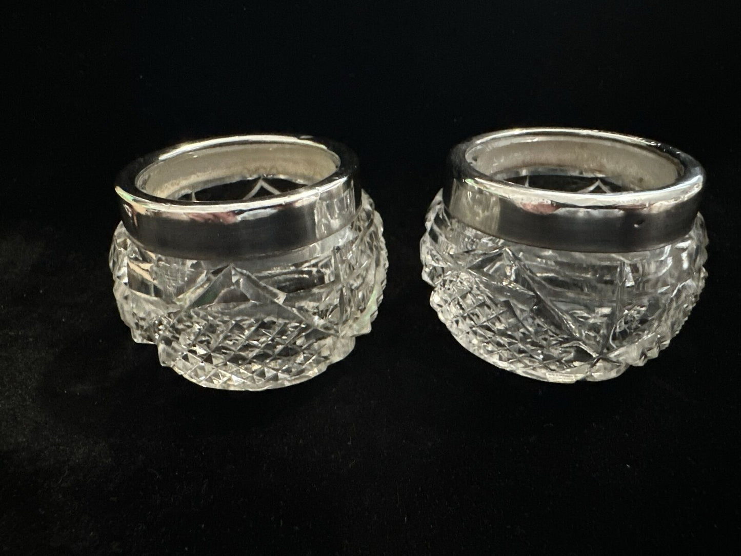 Antique Pair of Silver Rimmed Cut Glass Salts - London 1913