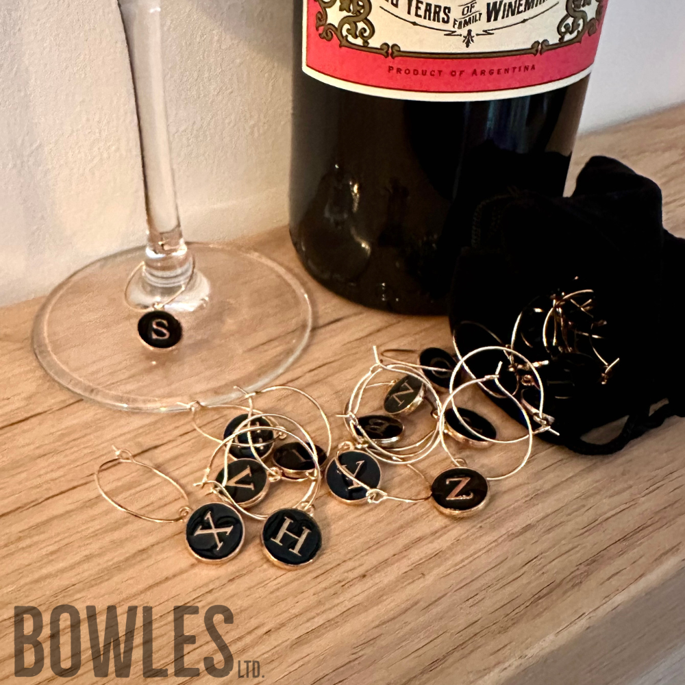 A to Z Wine Glass Charms – Pack of 26 Alphabet Drink Markers with Velvet Bag