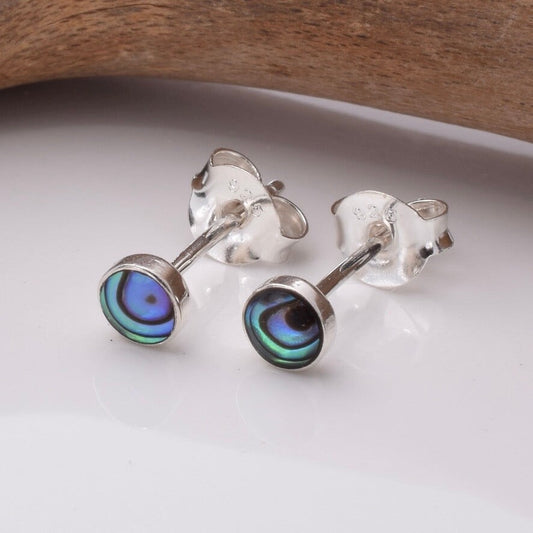Brand New 925 Sterling Silver Abalone Round Stud Earrings