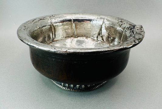 Antique White Metal & Hardwood Beggar's Bowl - Unique Piece
