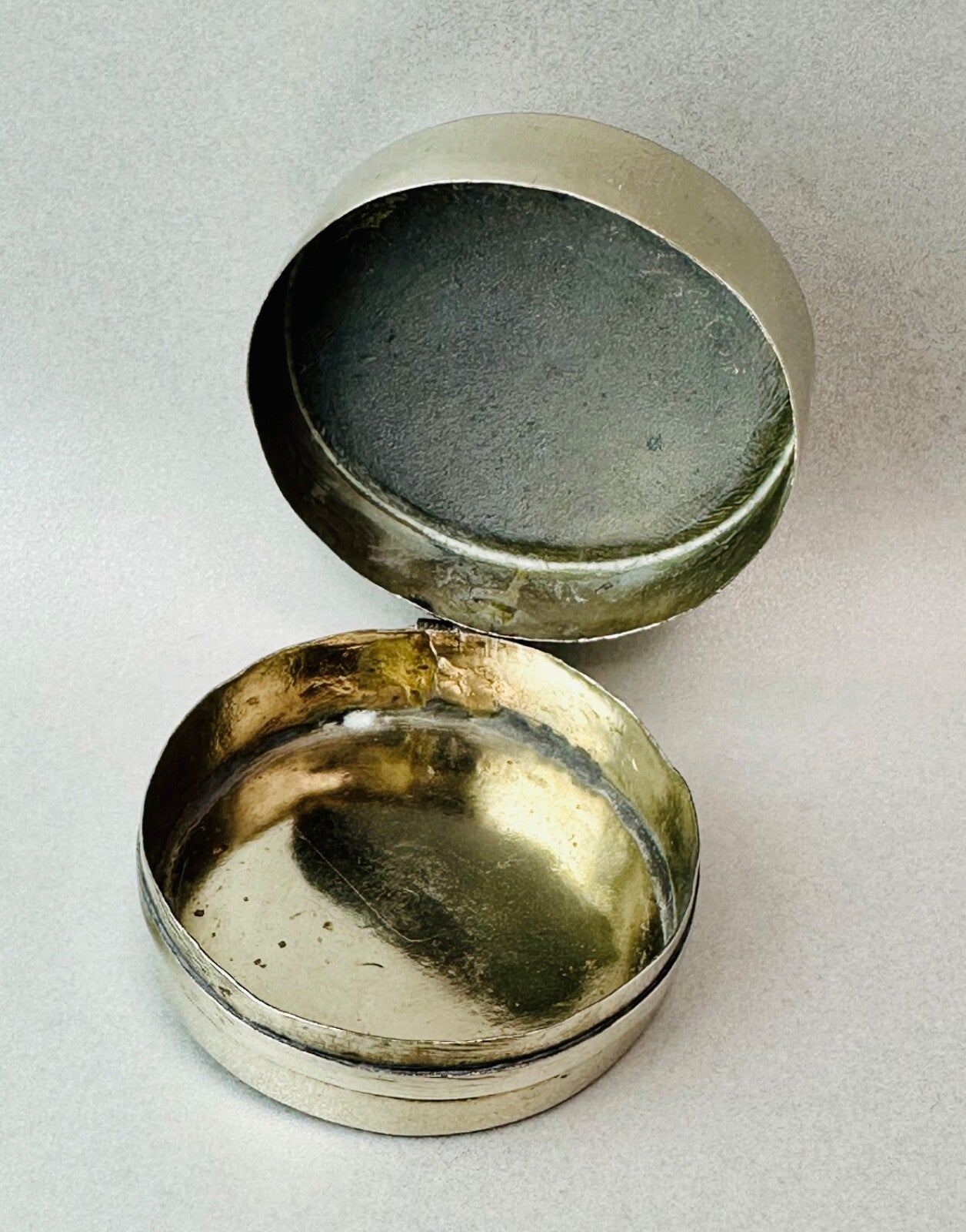 Antique White Metal Pill Box with Hinged Lid