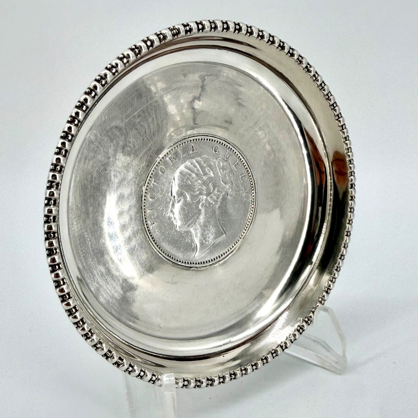 Antique Sterling Silver Coin Pin Dish, One Rupee 1840 East India Company - Boxed