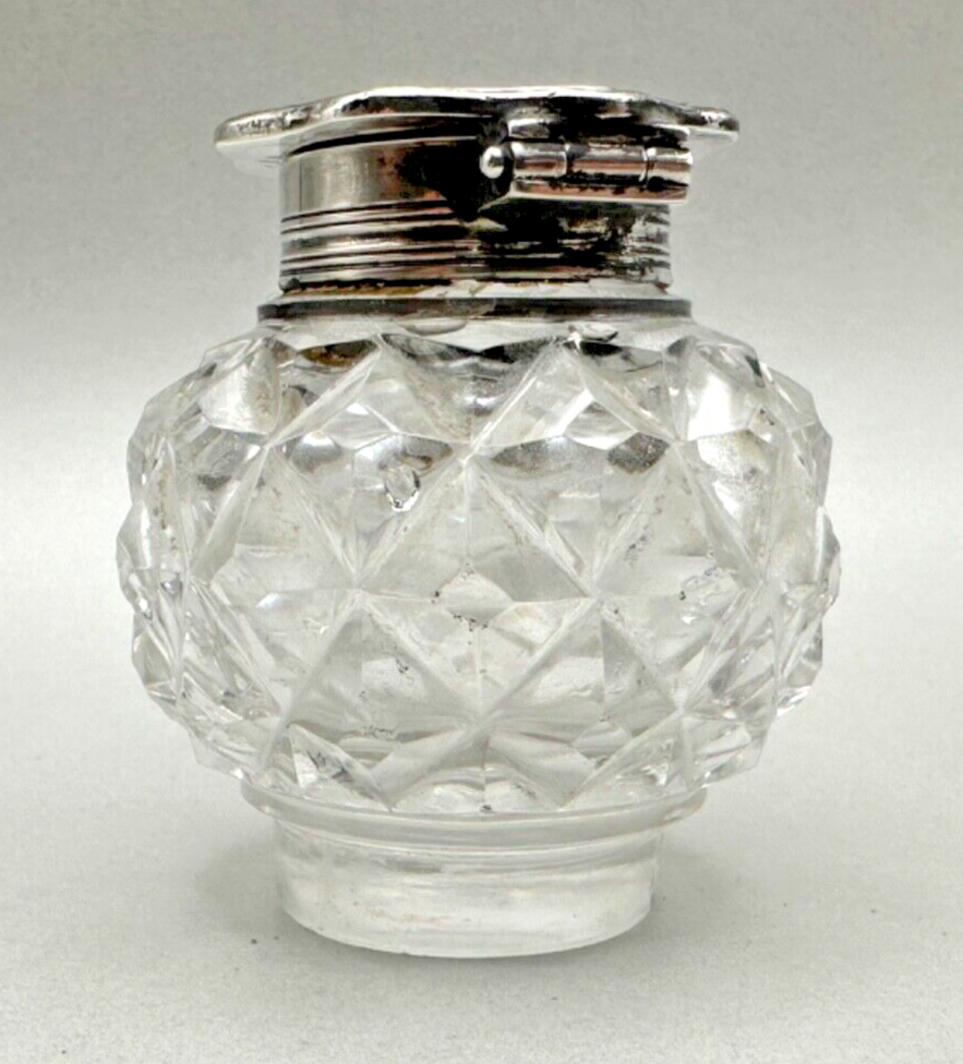 Antique Silver Top Glass Inkwell - London 1885 George Fox