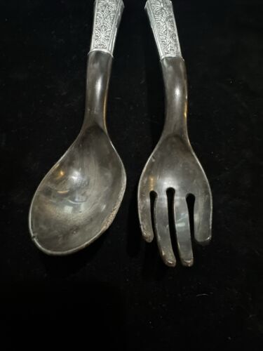 Antique Silver Handled Wooden Serving Fork & Spoon