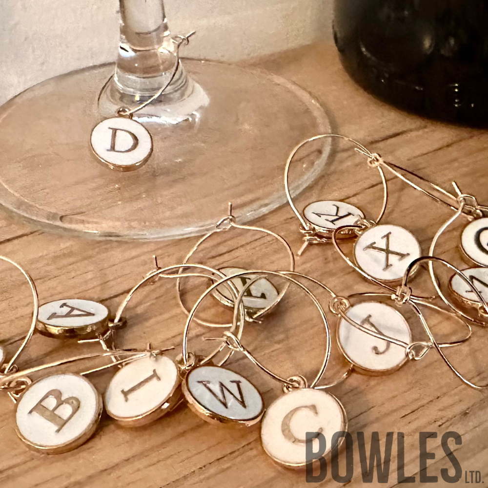 A to Z Wine Glass Charms – Pack of 26 Alphabet Drink Markers with Velvet Bag