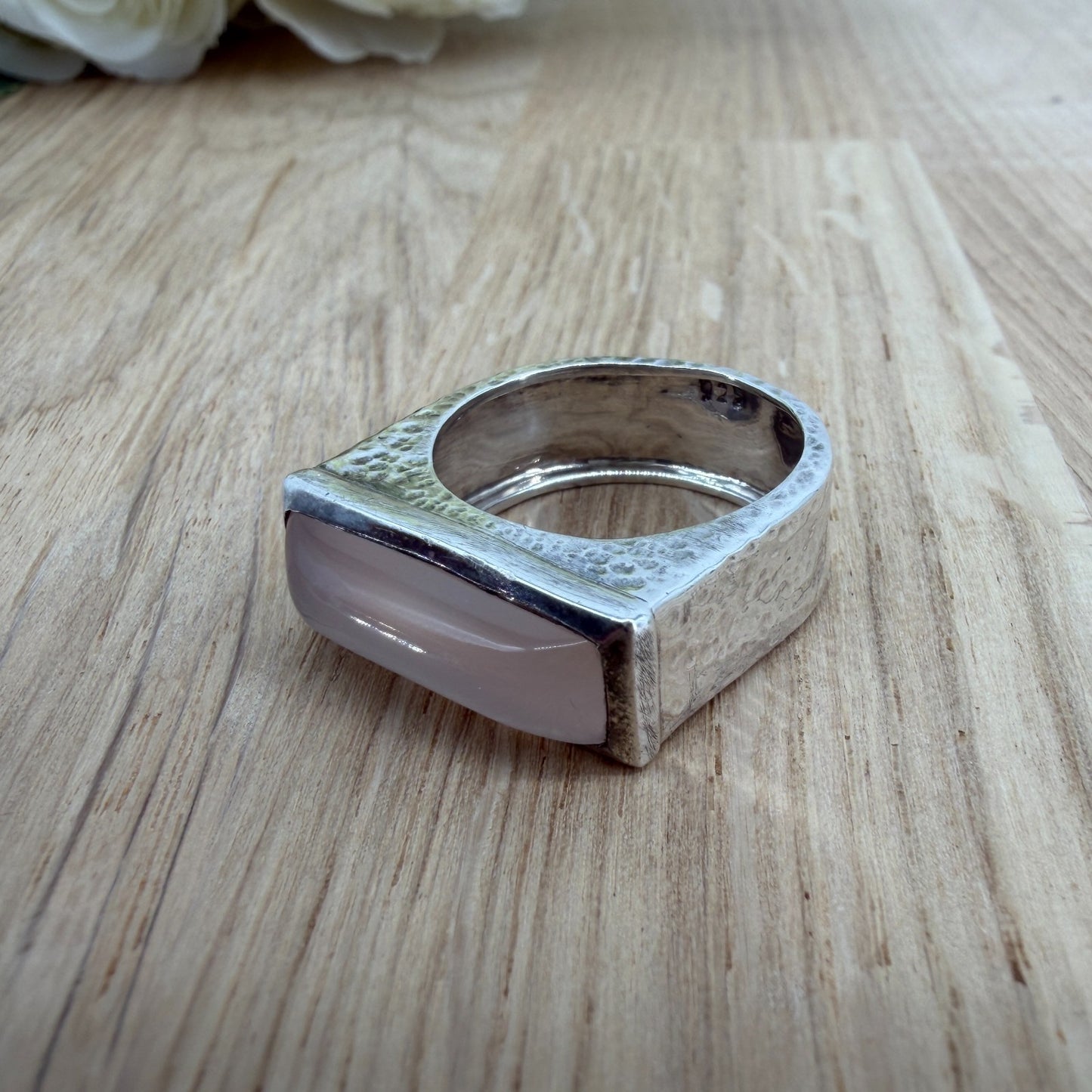 Vintage 925 Sterling Silver Rose Quartz Ring – UK Size Q – Rectangular Cabochon