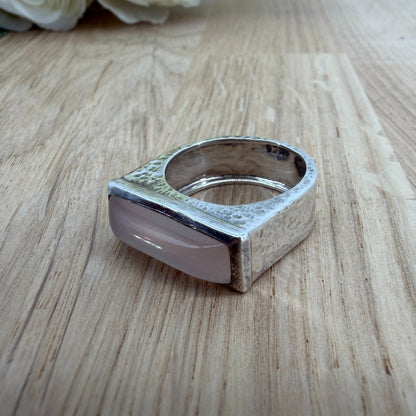 Vintage 925 Sterling Silver Rose Quartz Ring – UK Size Q – Rectangular Cabochon