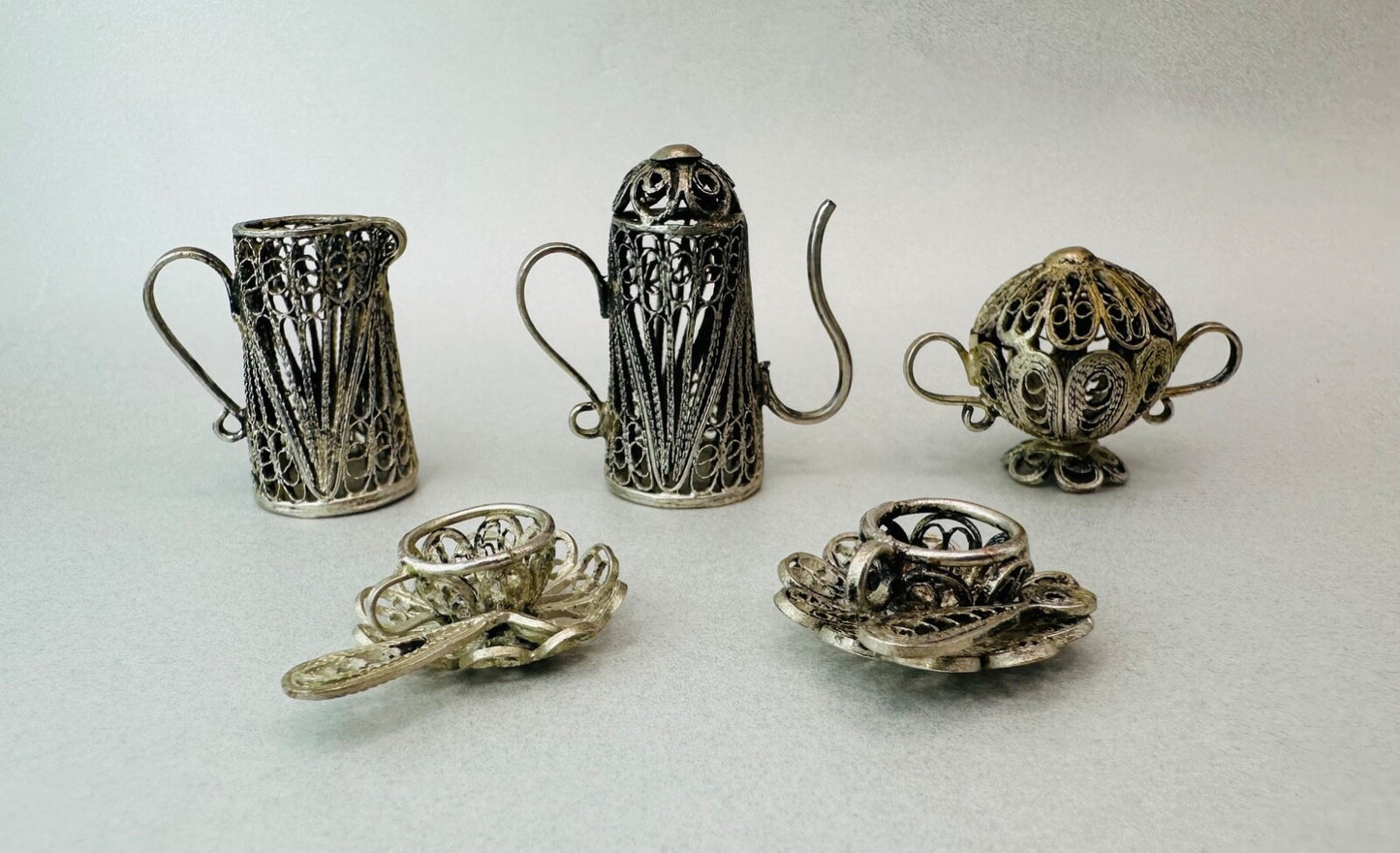 Antique White Metal Filigree Miniature Tea Set with Tray