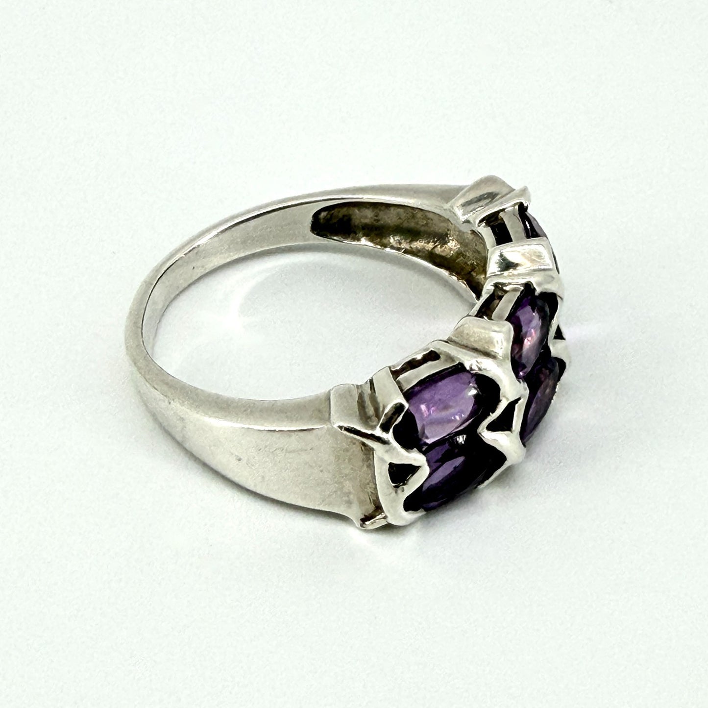 Vintage 925 Sterling Silver Amethyst Ring – UK Size O – 6 Stone Setting
