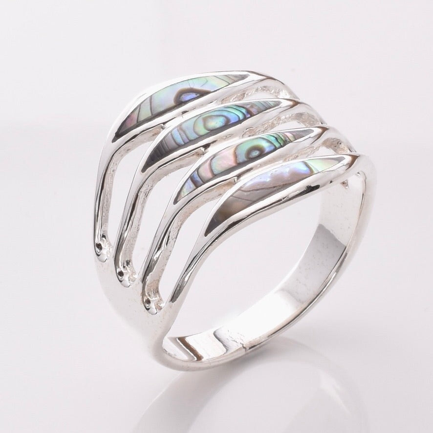 Brand New 925 Sterling Silver & Abalone Stripe Ring - Unique Eye-Catching Design