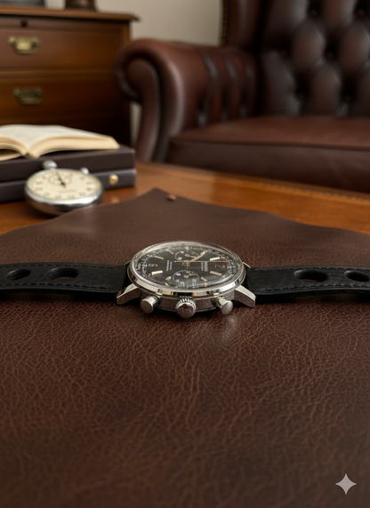 Brand New Grand Prix Style Leather Watch Strap – Black – Genuine Calf Leather