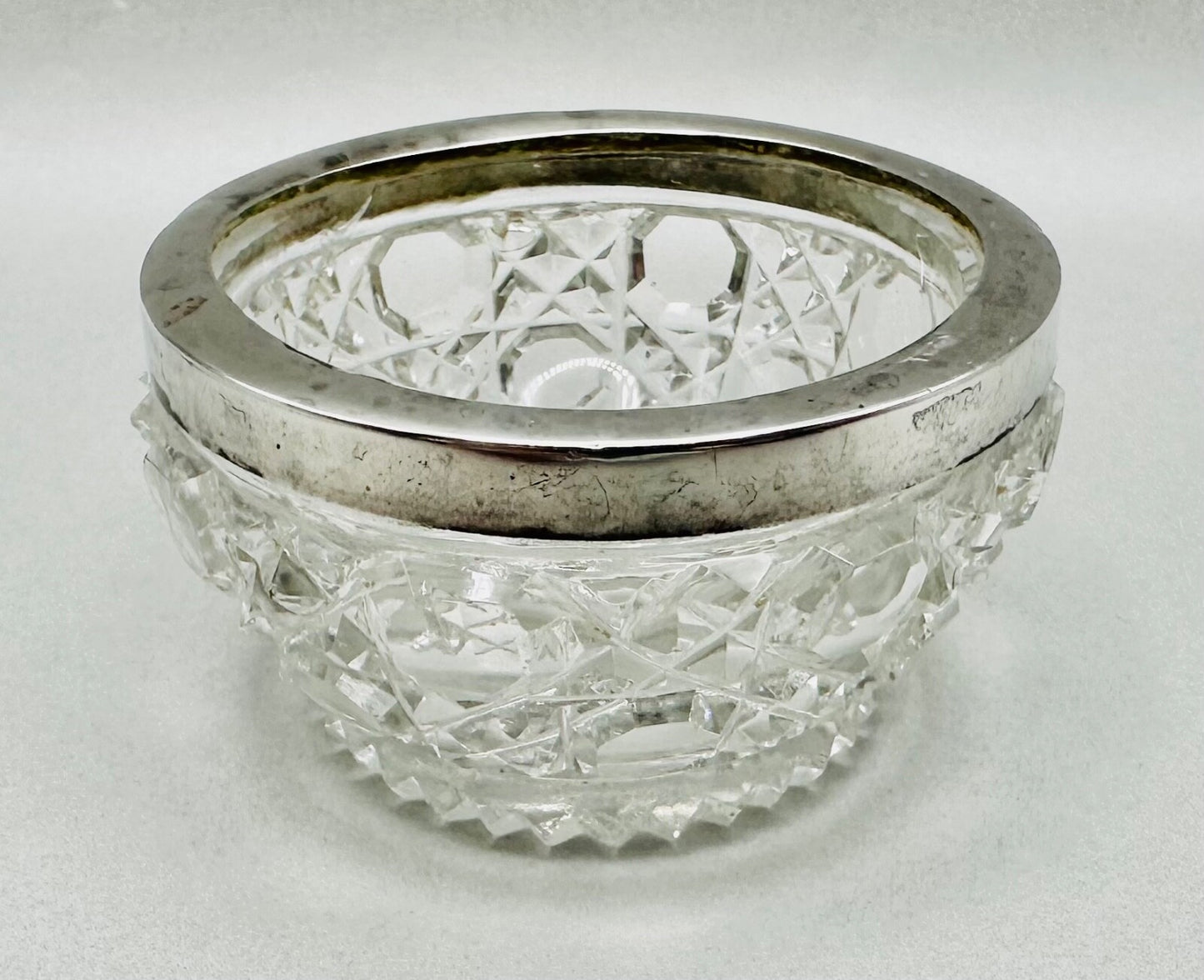 Antique Silver Rimmed Glass Salt – Birmingham 1902 Henry Bushell & Co
