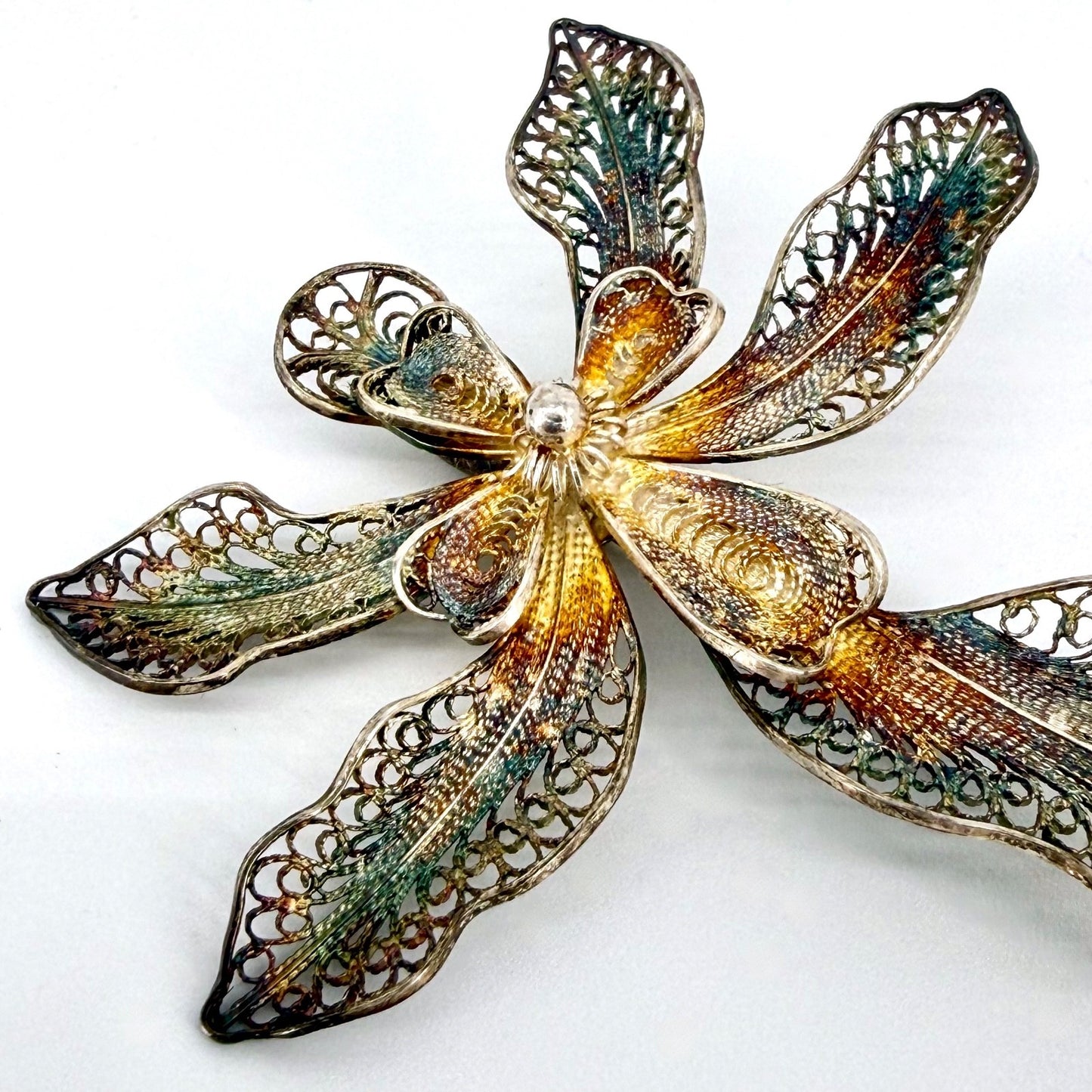 Vintage Silver Filigree Floral Brooch – Stamped 925 – Beautiful Patina