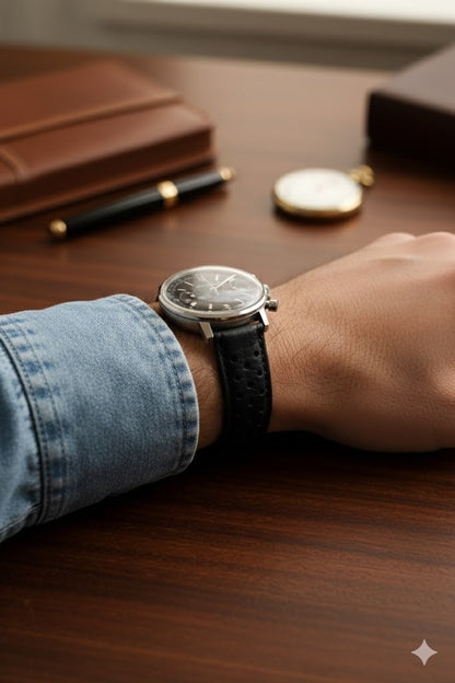 Brand New Rally Style Leather Watch Strap – Black – Genuine Calf Leather