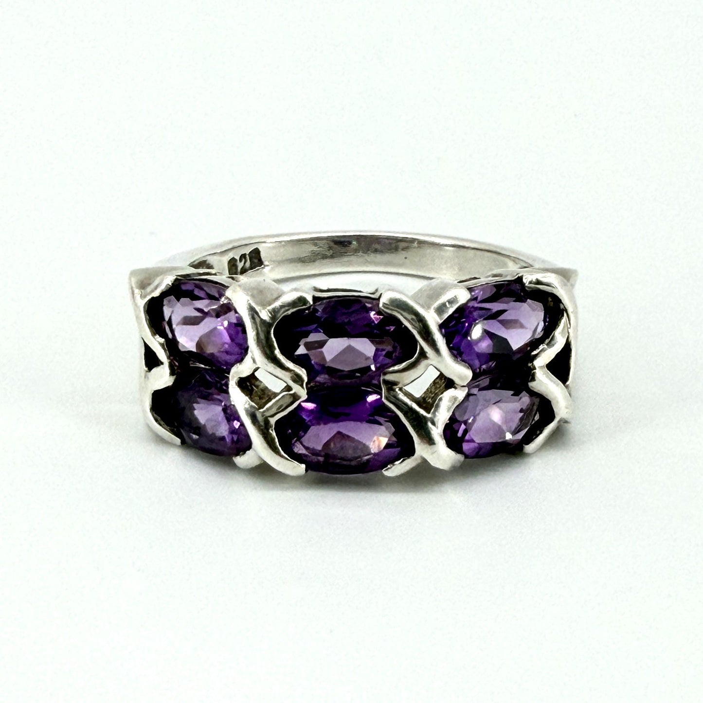 Vintage 925 Sterling Silver Amethyst Ring – UK Size O – 6 Stone Setting