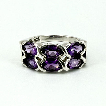 Vintage 925 Sterling Silver Amethyst Ring – UK Size O – 6 Stone Setting