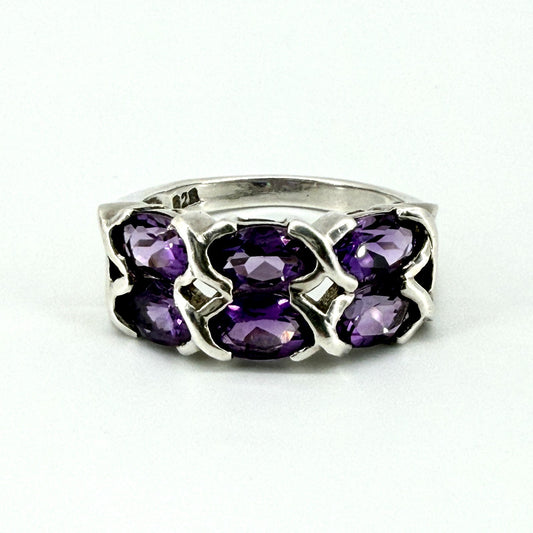Vintage 925 Sterling Silver Amethyst Ring – UK Size O – 6 Stone Setting
