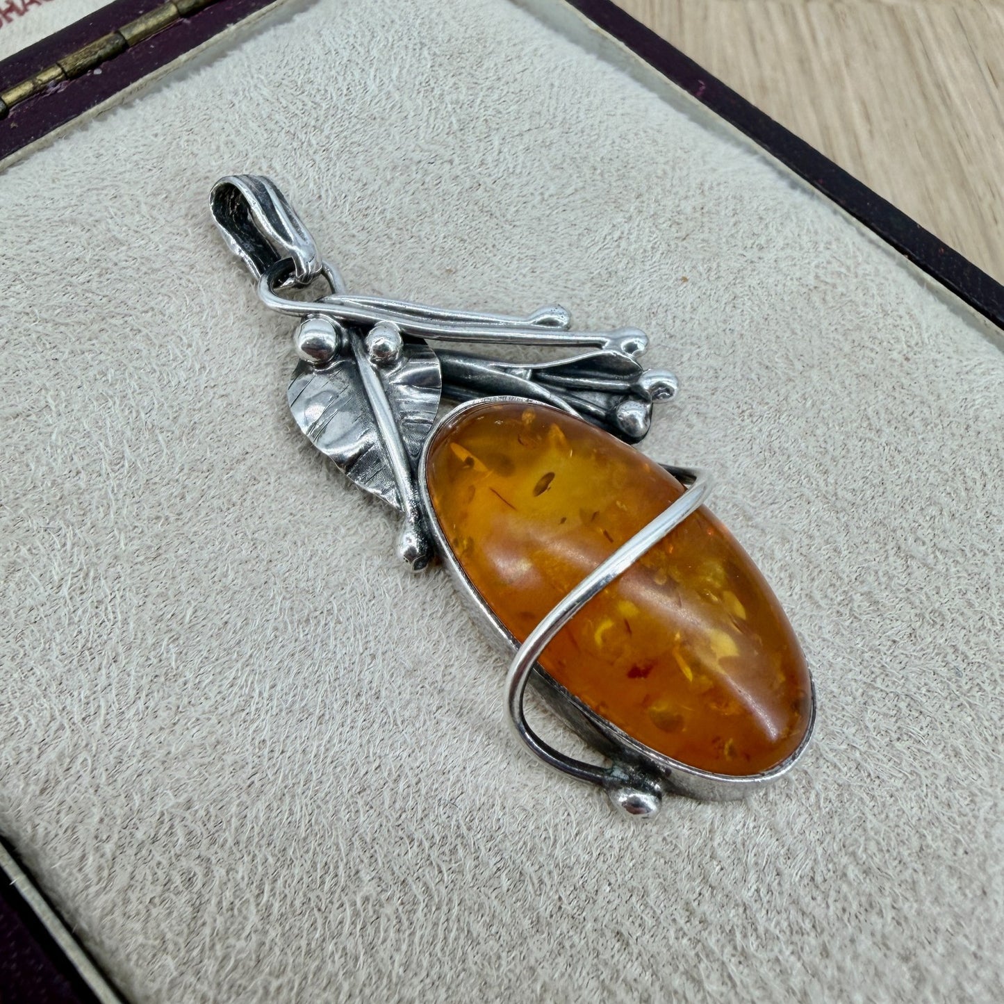 Vintage 925 Sterling Silver Amber Pendant – Organic Leaf & Branch Design