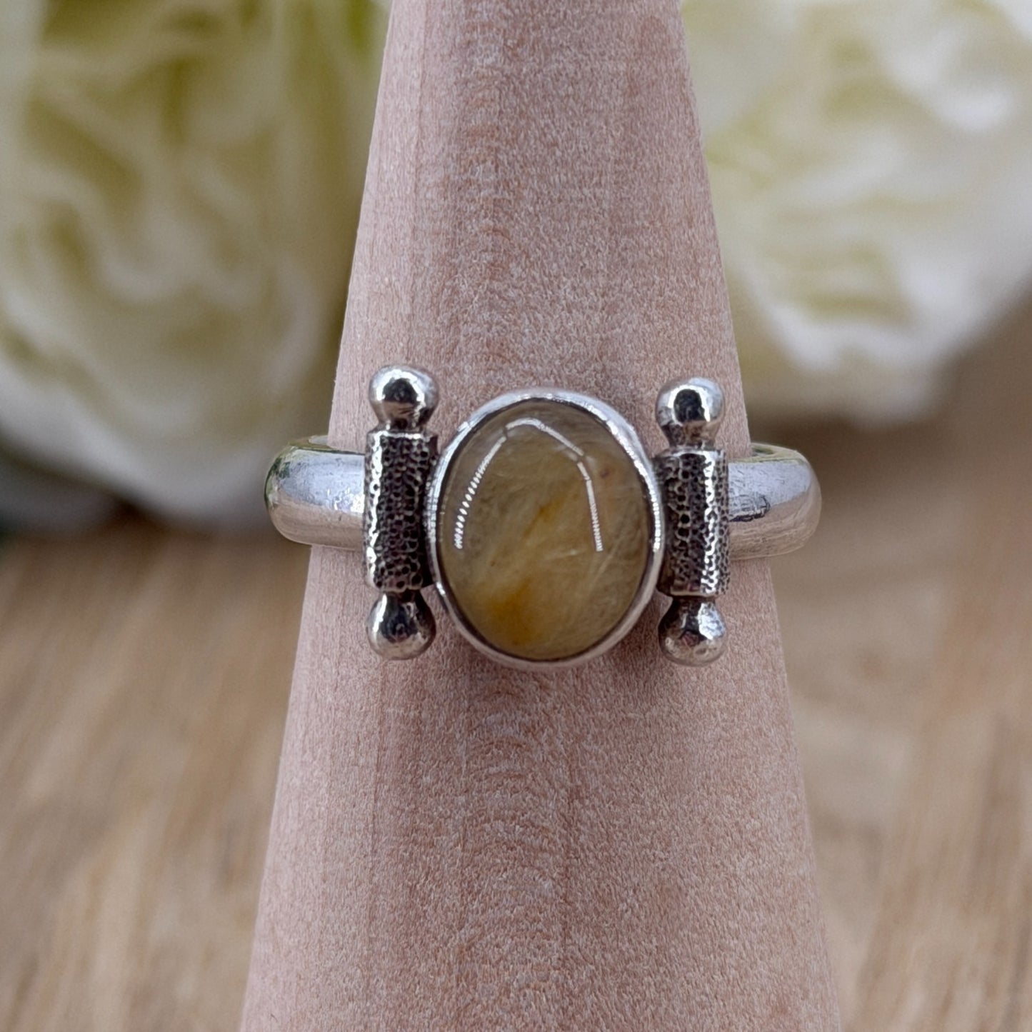 Vintage 925 Sterling Silver Rutile Quartz Ring – UK Size R – Oval Cabochon