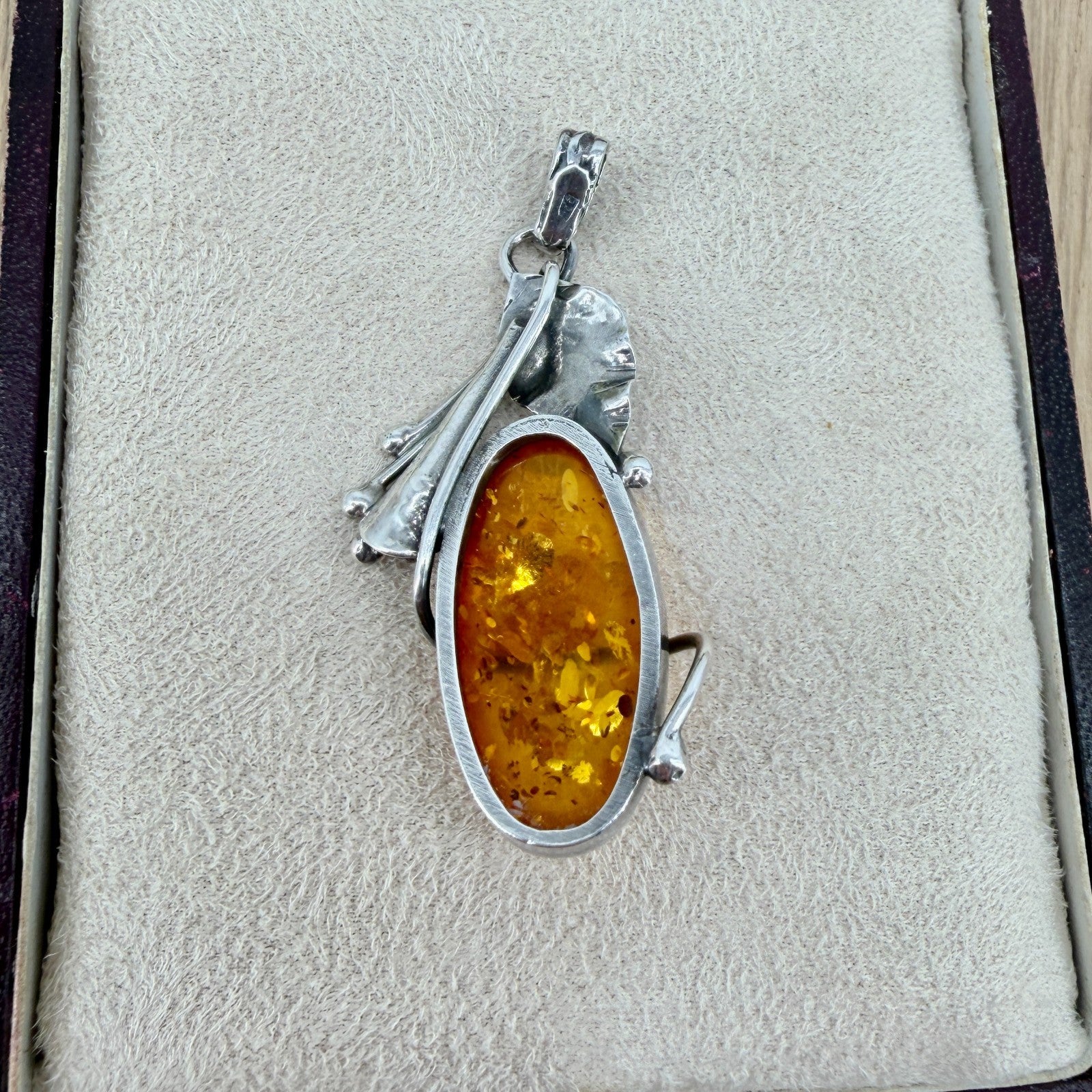 Vintage 925 Sterling Silver Amber Pendant – Organic Leaf & Branch Design