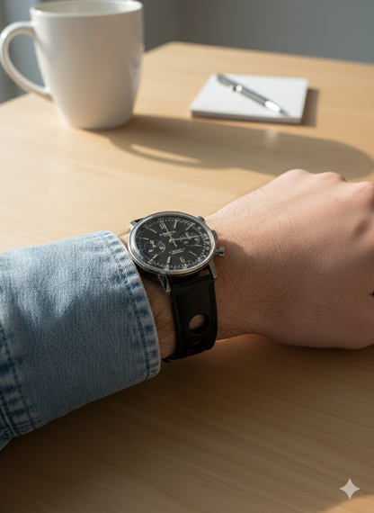 Brand New Grand Prix Style Leather Watch Strap – Black – Genuine Calf Leather