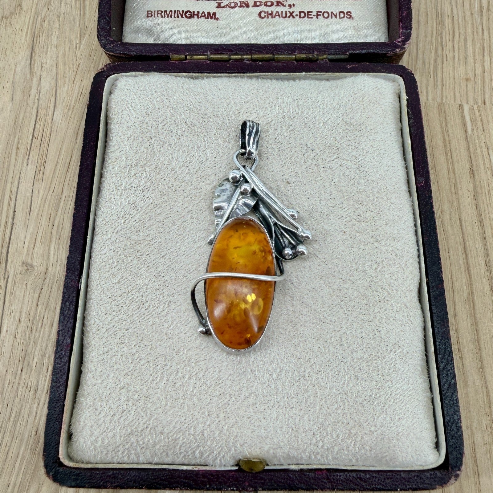 Vintage 925 Sterling Silver Amber Pendant – Organic Leaf & Branch Design
