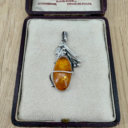 Vintage 925 Sterling Silver Amber Pendant – Organic Leaf & Branch Design