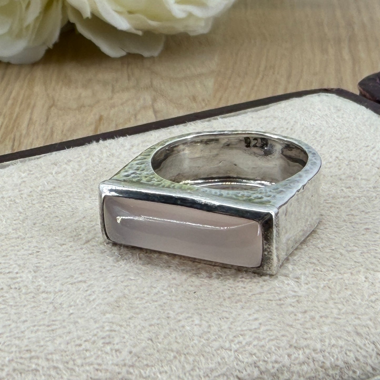 Vintage 925 Sterling Silver Rose Quartz Ring – UK Size Q – Rectangular Cabochon