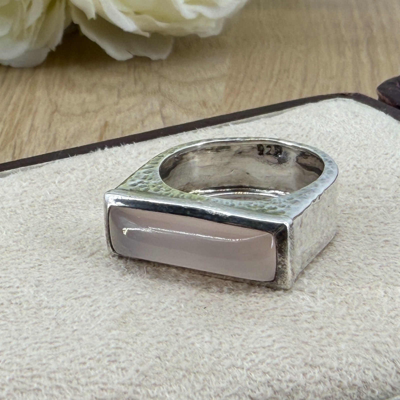 Vintage 925 Sterling Silver Rose Quartz Ring – UK Size Q – Rectangular Cabochon