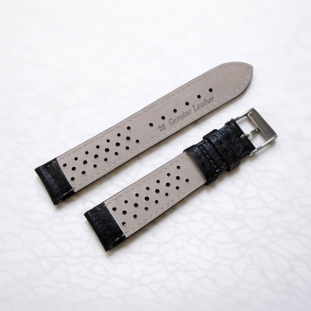 Brand New Rally Style Leather Watch Strap – Black – Genuine Calf Leather