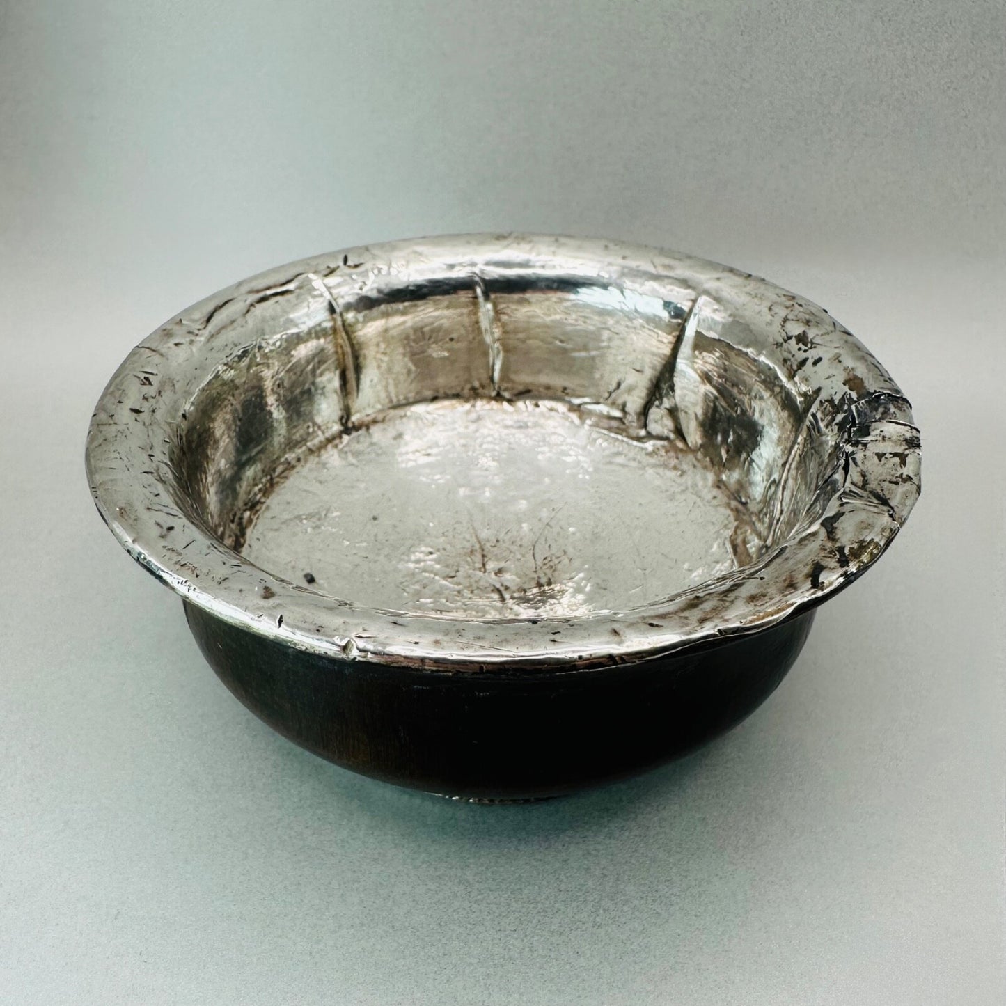 Antique White Metal & Hardwood Beggar's Bowl - Unique Piece