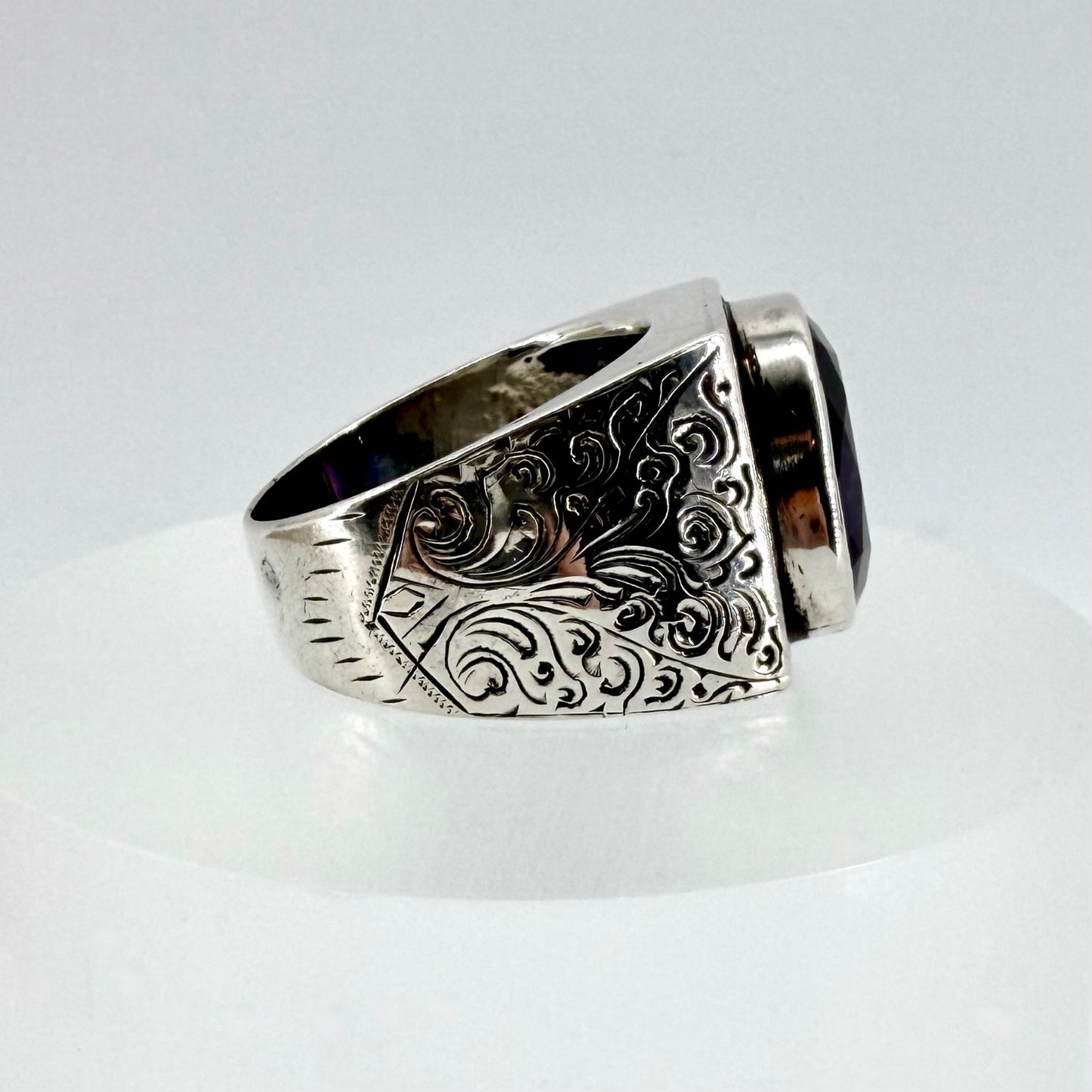 Vintage Sterling Silver Amethyst Signet Ring - UK Size W