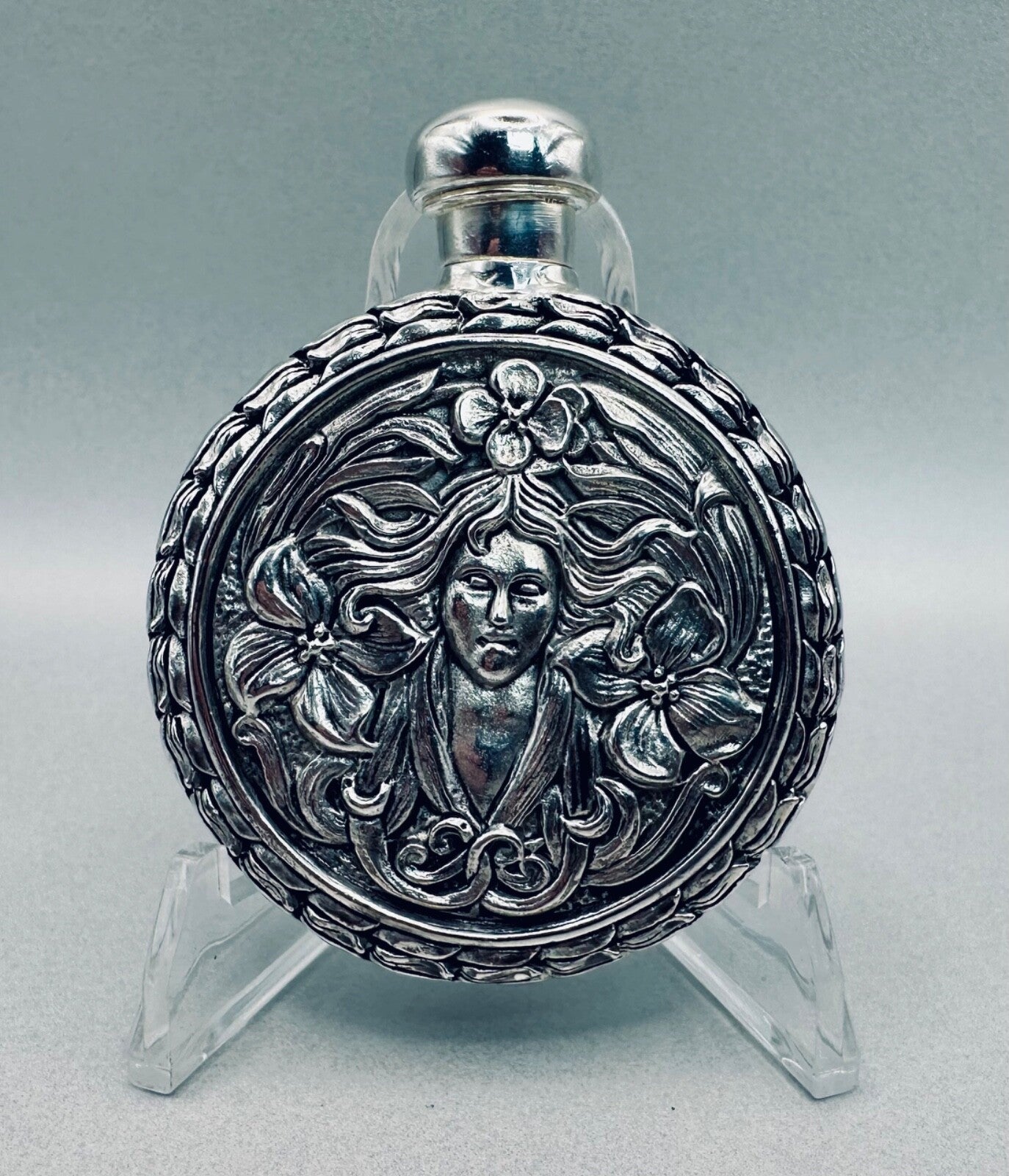 Antique 800 Silver Perfume Flask – High-Relief Classical Female & Floral Design