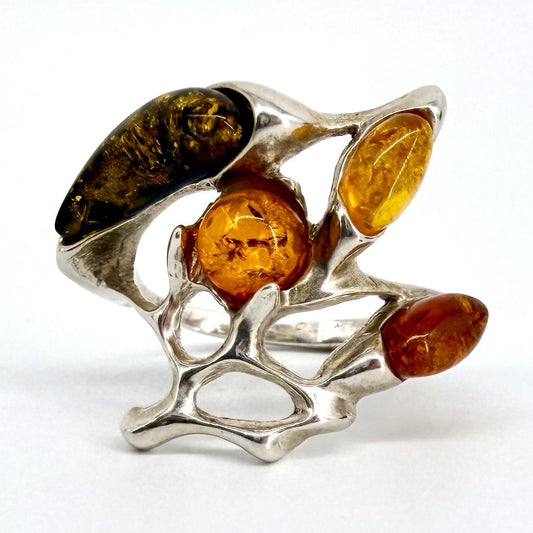 Vintage Baltic Amber & Silver Ring – Brutalist Polish Design – UK Size O½
