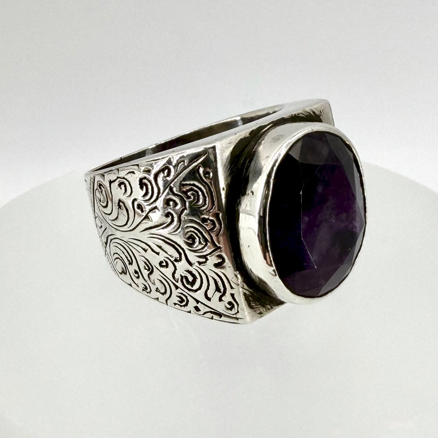 Vintage Sterling Silver Amethyst Signet Ring - UK Size W