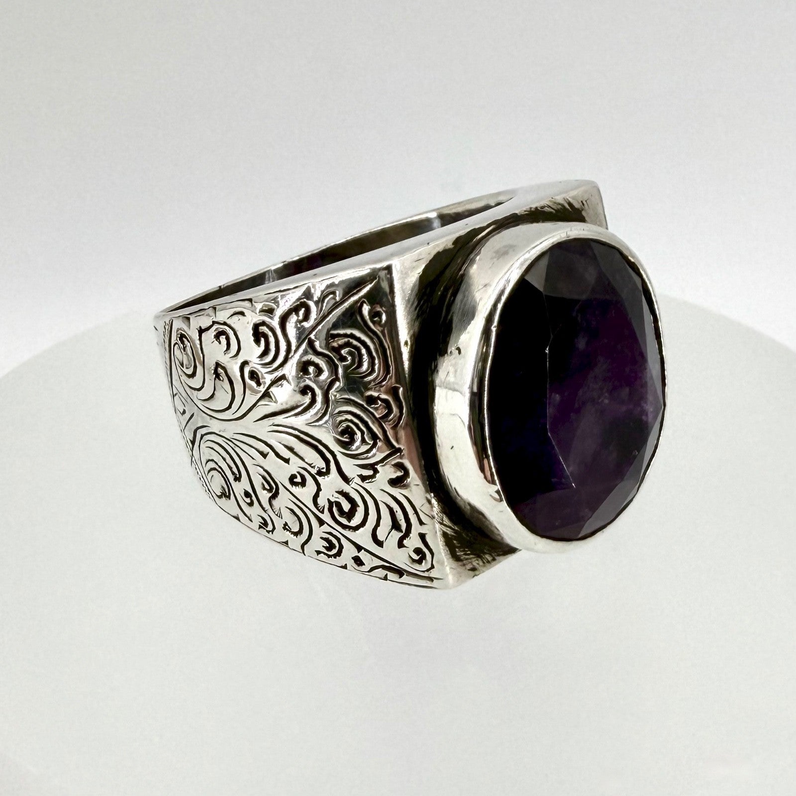 Vintage Sterling Silver Amethyst Signet Ring - UK Size W