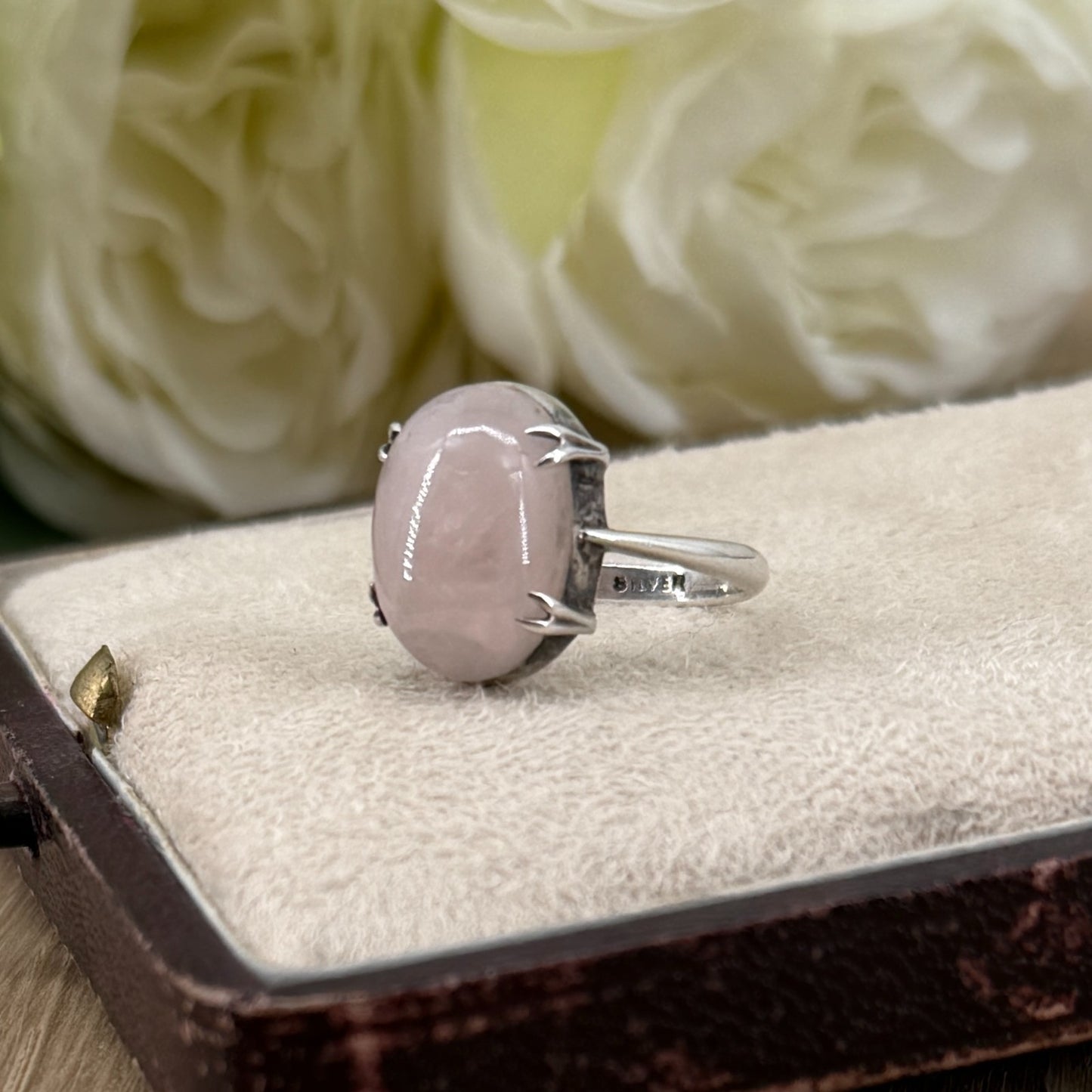 Vintage Sterling Silver Rose Quartz Ring – UK Size K1/2 – Claw Set Cabochon